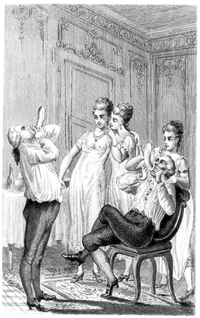 Giacomo Casanova tests his condom for holes by inflating it. Published 1872.